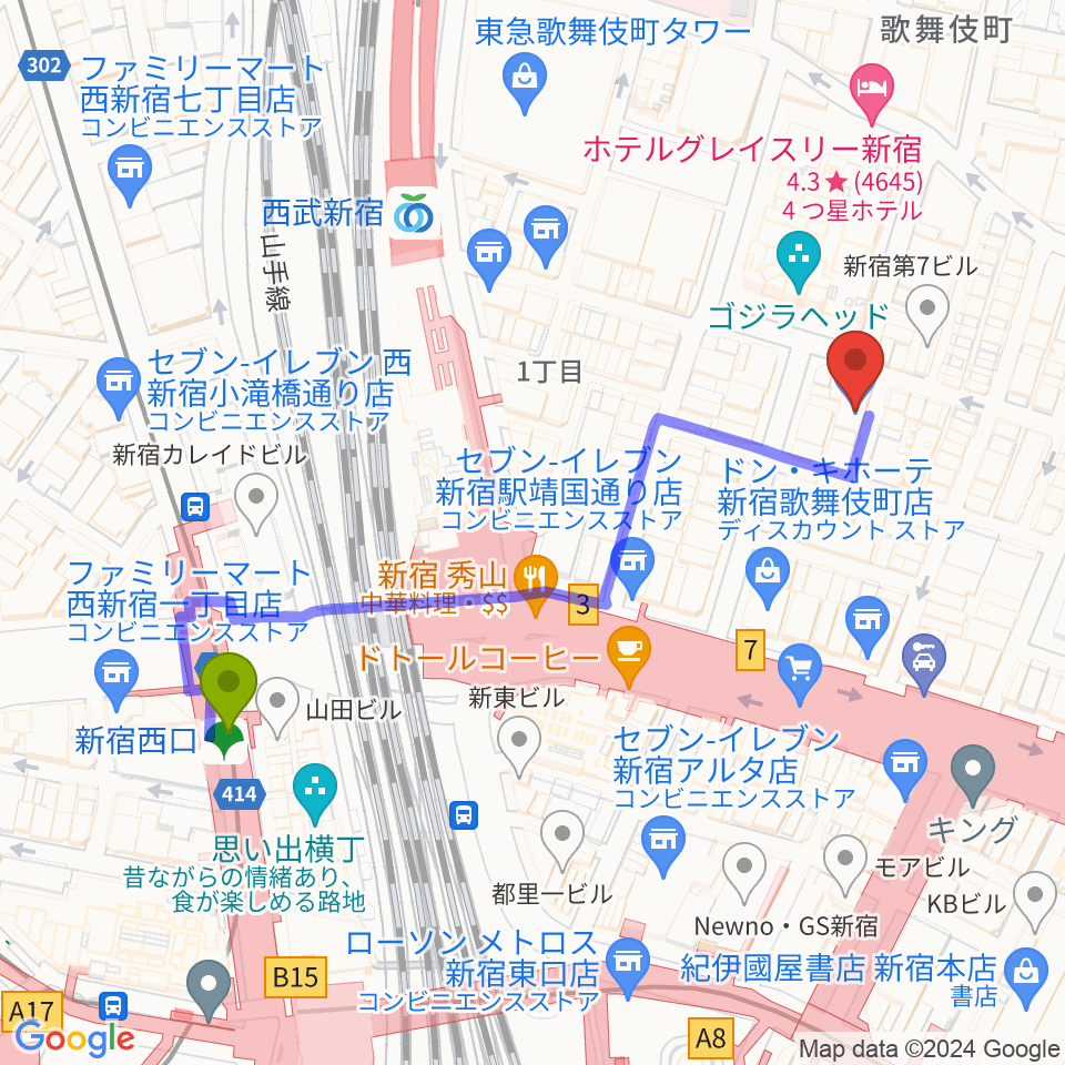 新宿西口駅から新宿ロフトプラスワンへのルートマップ地図