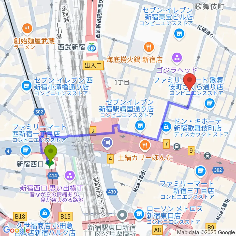 新宿西口駅から新宿ロフトプラスワンへのルートマップ地図