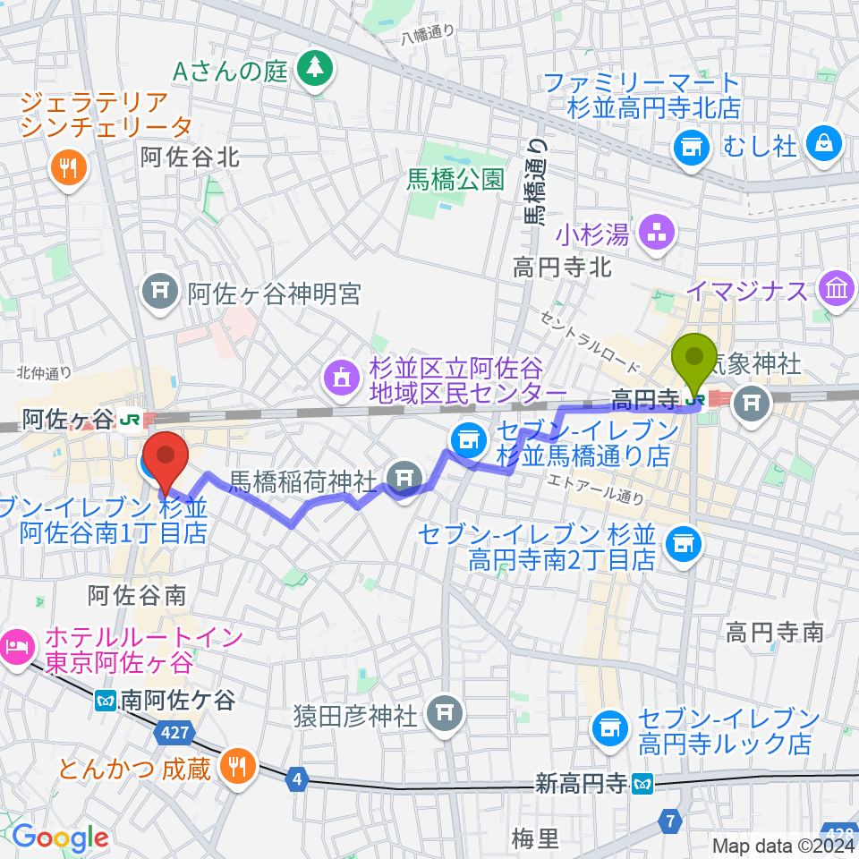 高円寺駅から阿佐ヶ谷ロフトAへのルートマップ地図