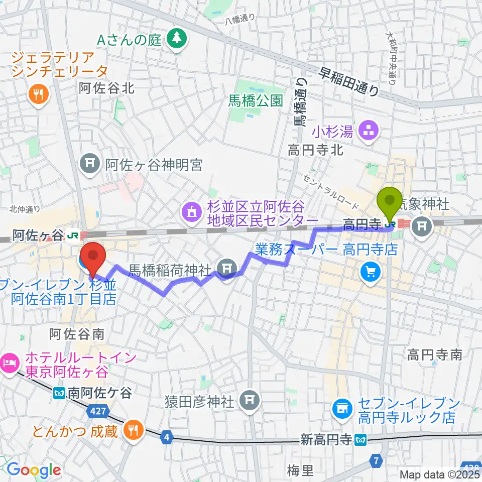 高円寺駅から阿佐ヶ谷ロフトAへのルートマップ地図