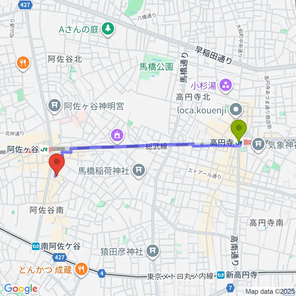 高円寺駅から阿佐ヶ谷ロフトAへのルートマップ地図