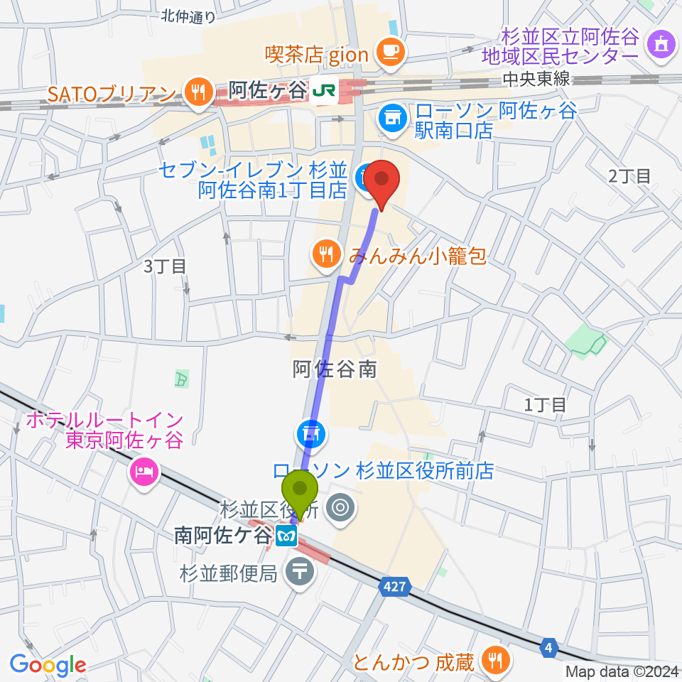 南阿佐ケ谷駅から阿佐ヶ谷ロフトAへのルートマップ地図