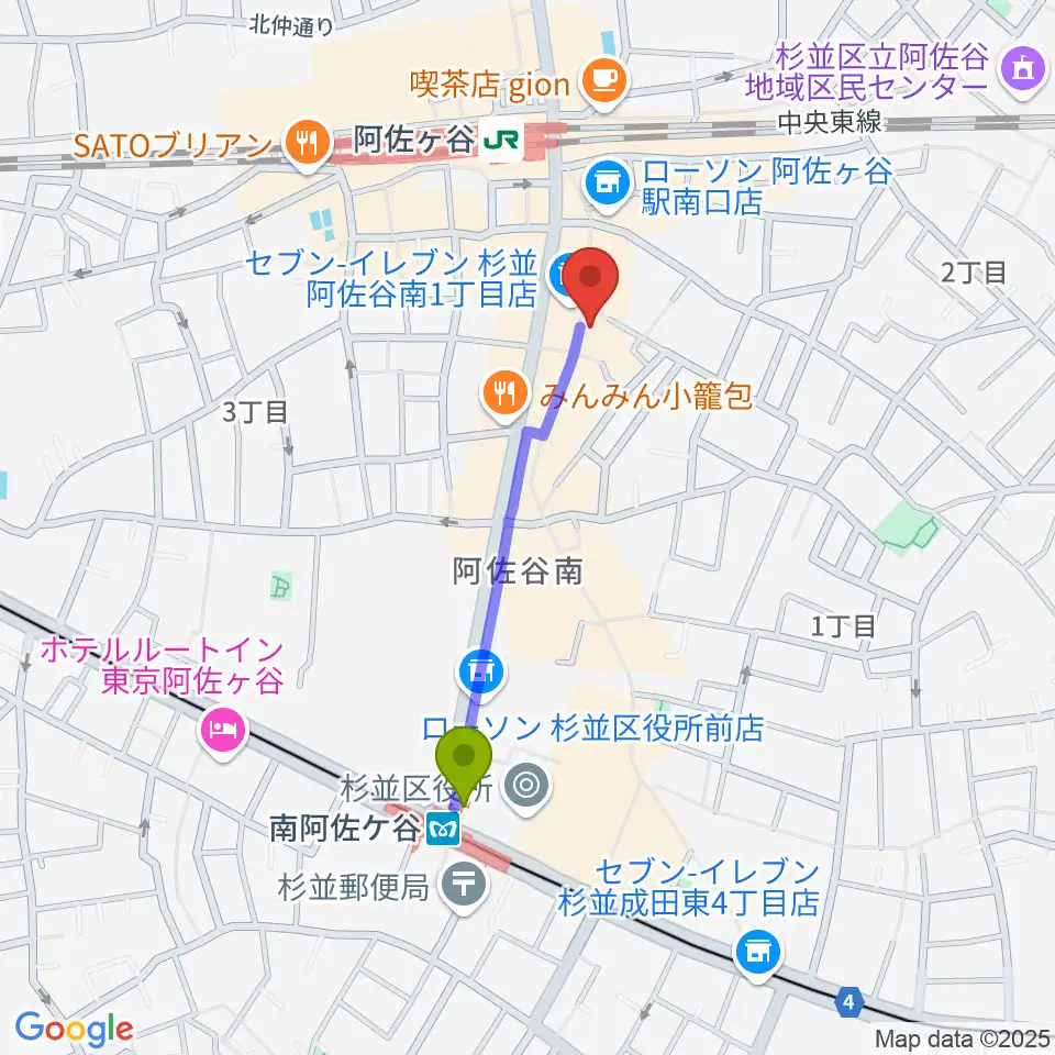 南阿佐ケ谷駅から阿佐ヶ谷ロフトAへのルートマップ地図