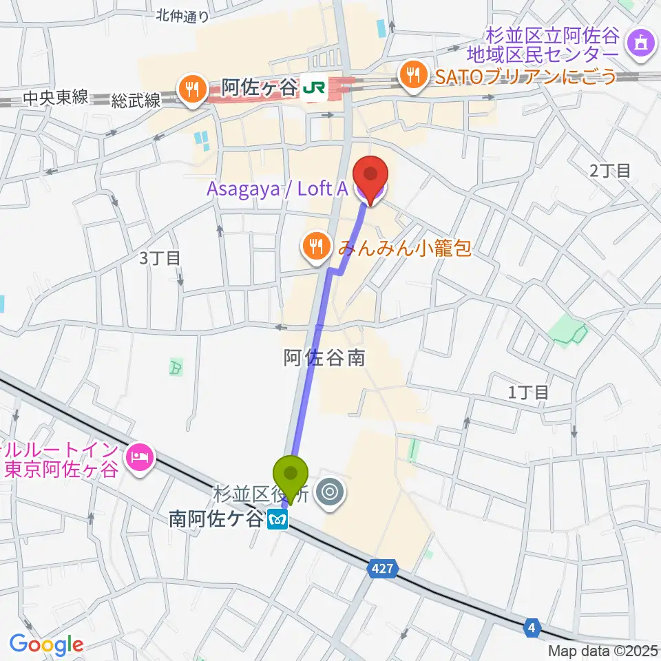 南阿佐ケ谷駅から阿佐ヶ谷ロフトAへのルートマップ地図