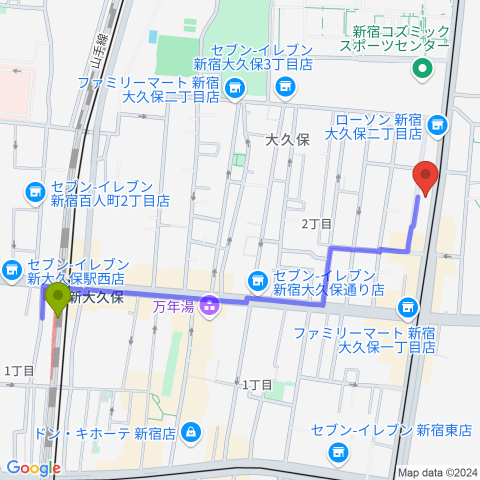 新大久保駅から新宿ヘッドパワーへのルートマップ地図