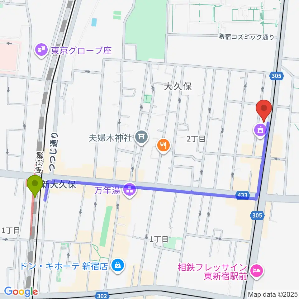 新大久保駅から新宿ヘッドパワーへのルートマップ地図
