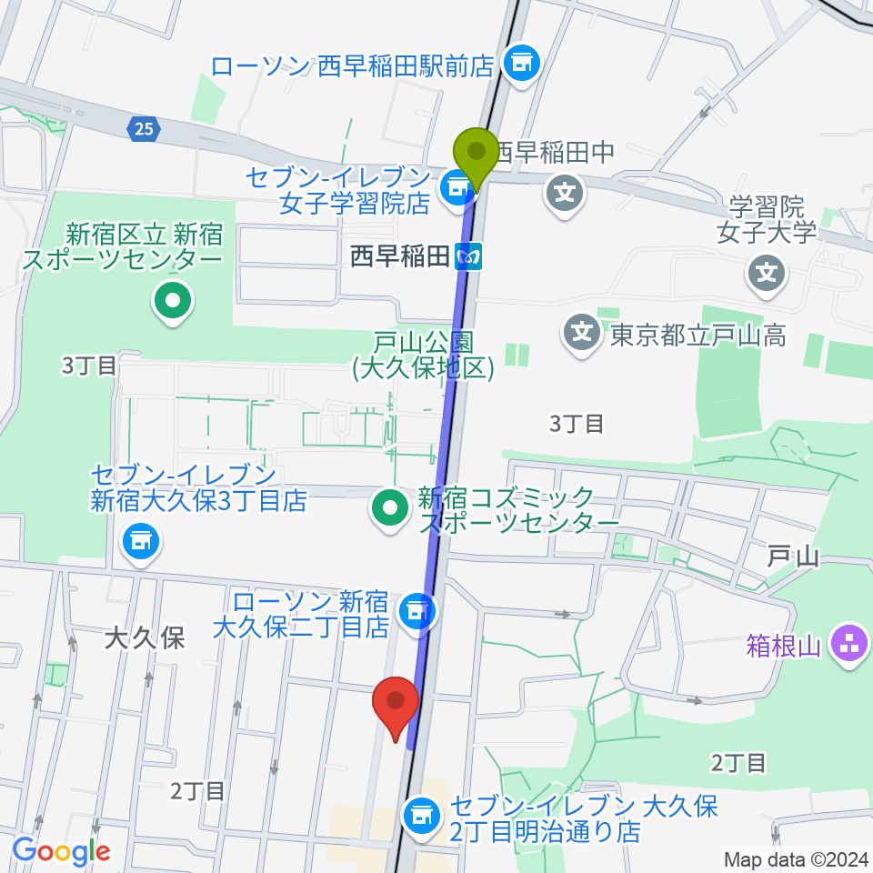 西早稲田駅から新宿ヘッドパワーへのルートマップ地図