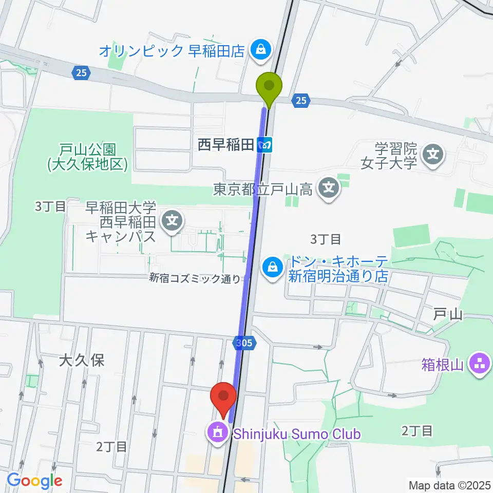 西早稲田駅から新宿ヘッドパワーへのルートマップ地図