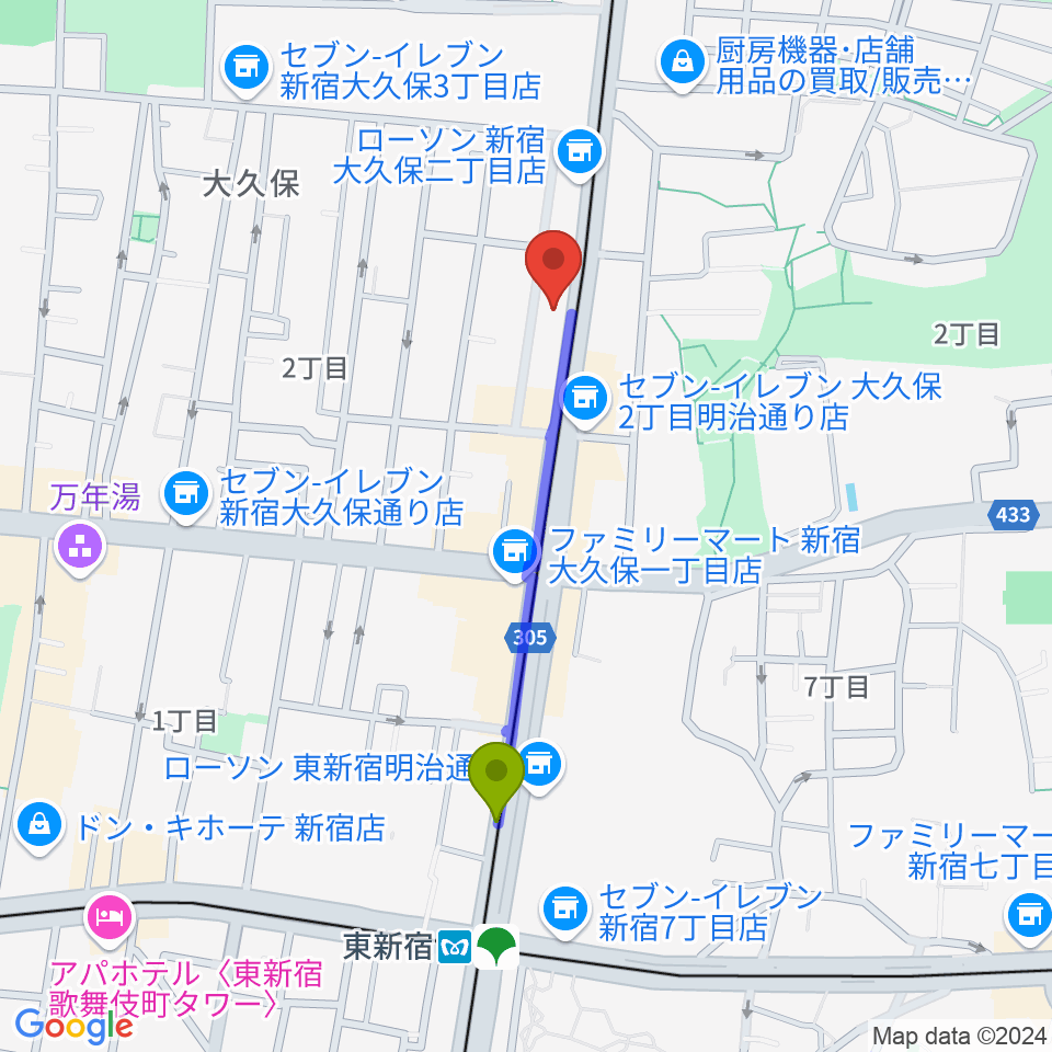 新宿ヘッドパワーの最寄駅東新宿駅からの徒歩ルート（約8分）地図