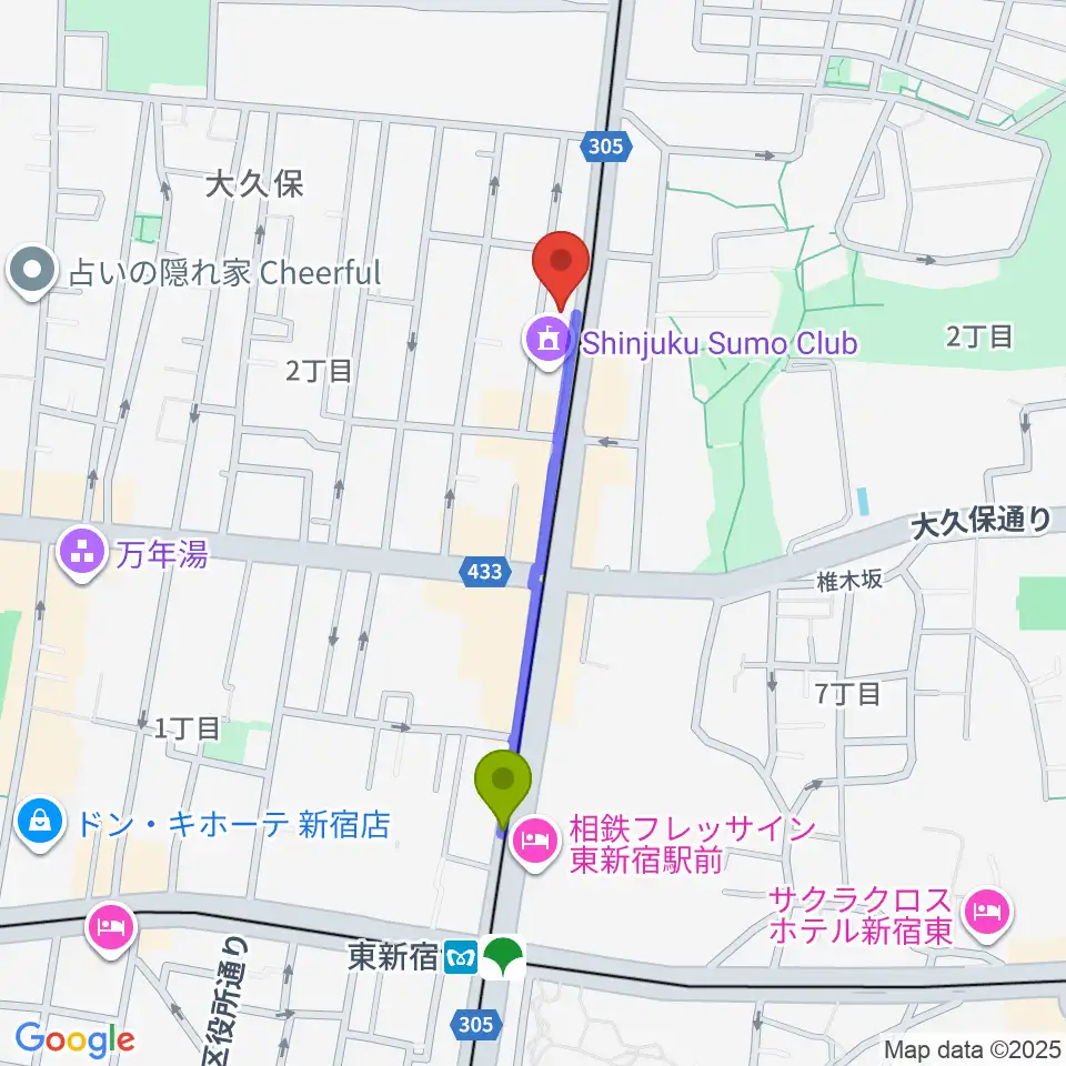 新宿ヘッドパワーの最寄駅東新宿駅からの徒歩ルート（約8分）地図