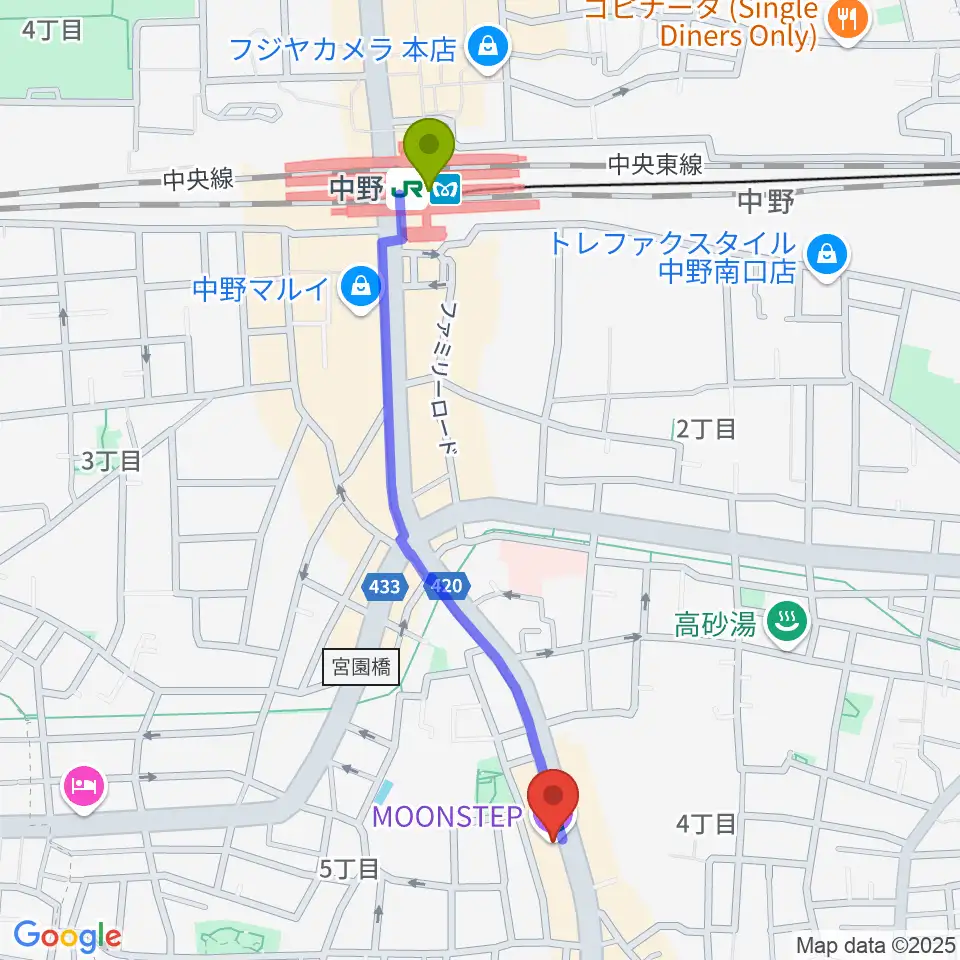 中野駅から中野MOON STEPへのルートマップ地図