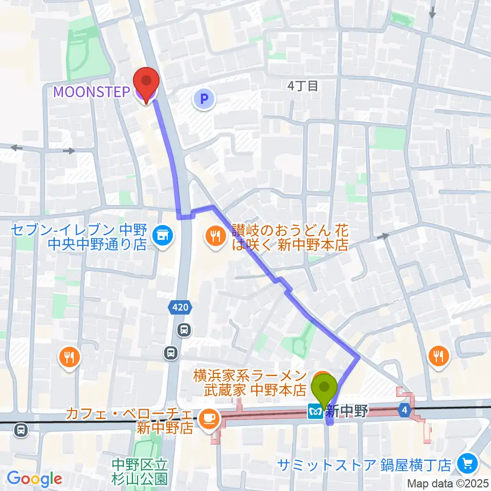 中野MOON STEPの最寄駅新中野駅からの徒歩ルート（約6分）地図