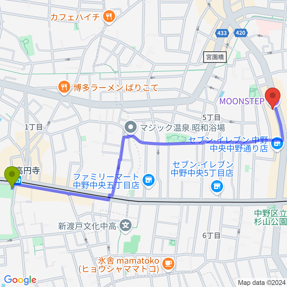 東高円寺駅から中野MOON STEPへのルートマップ地図