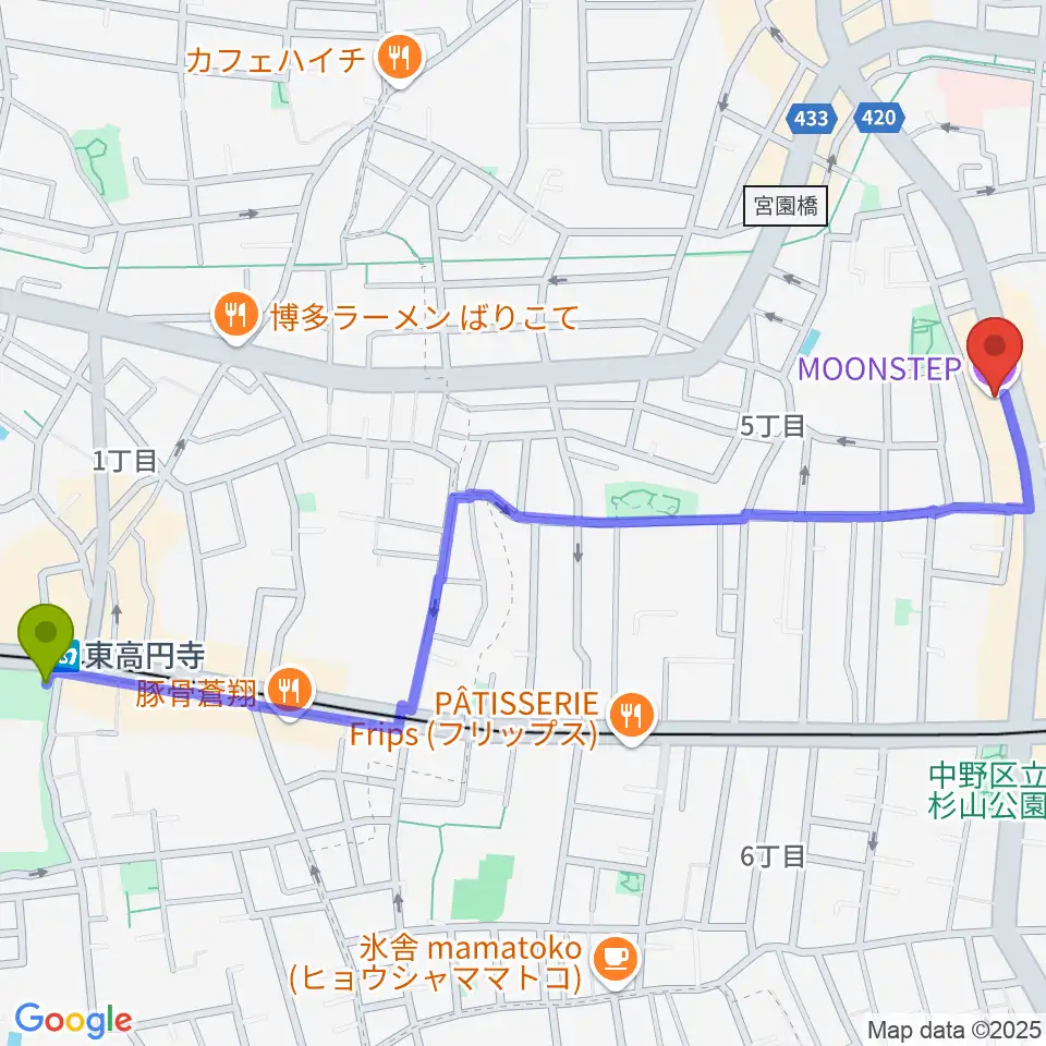 東高円寺駅から中野MOON STEPへのルートマップ地図