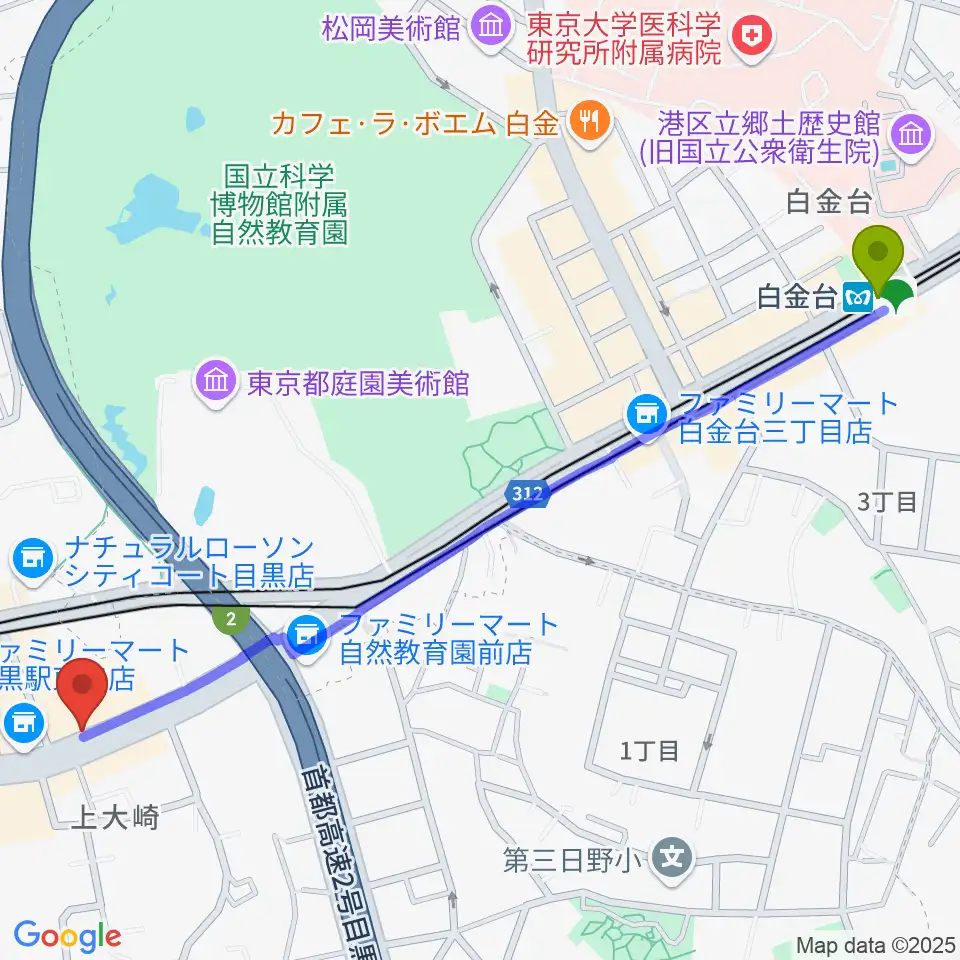 白金台駅から目黒ライブステーションへのルートマップ地図