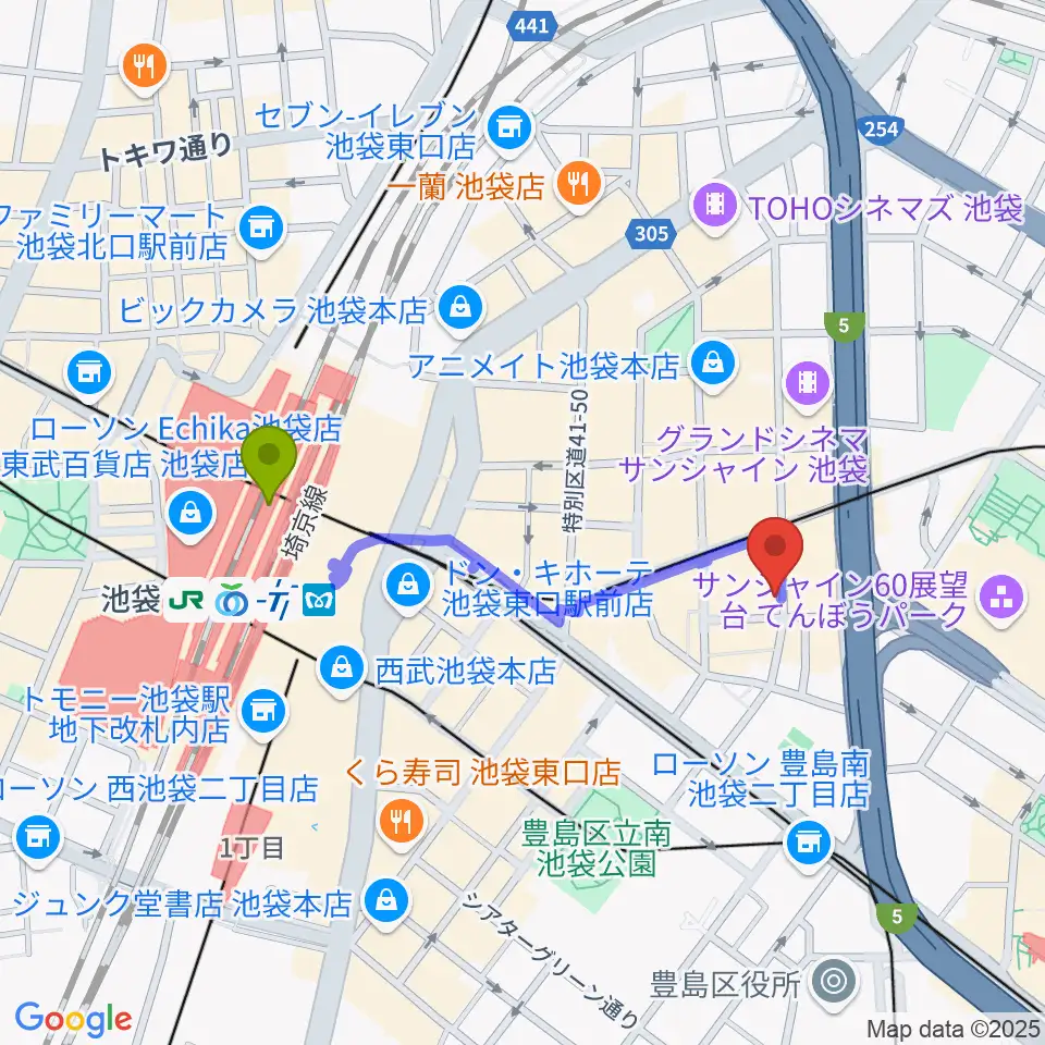池袋Admの最寄駅池袋駅からの徒歩ルート（約8分）地図