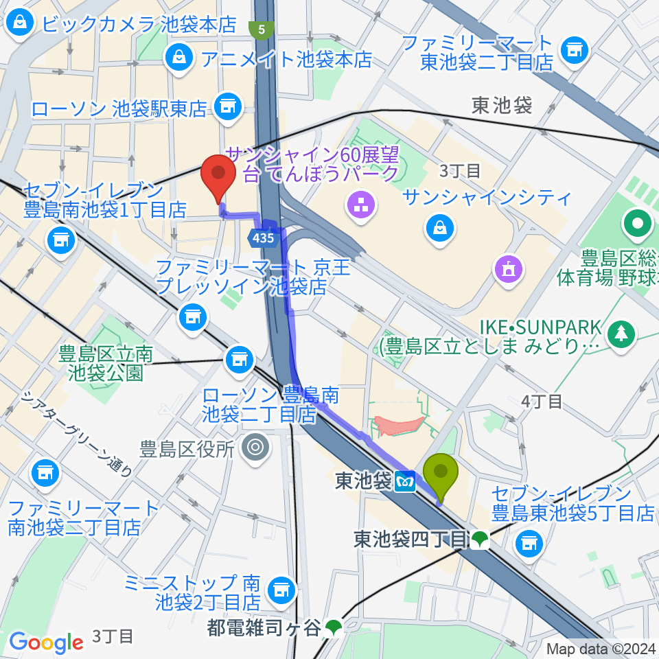 東池袋駅から池袋admへのルートマップ Mdata