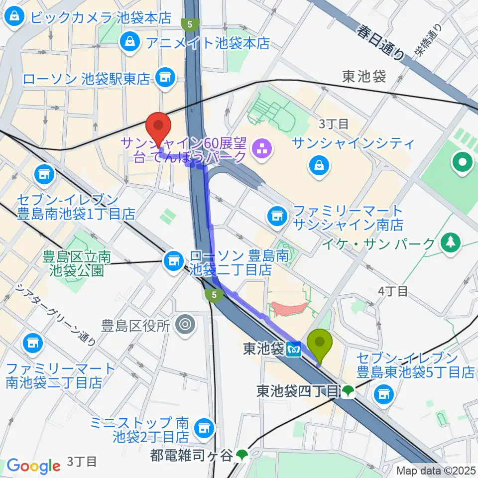 東池袋駅から池袋Admへのルートマップ地図