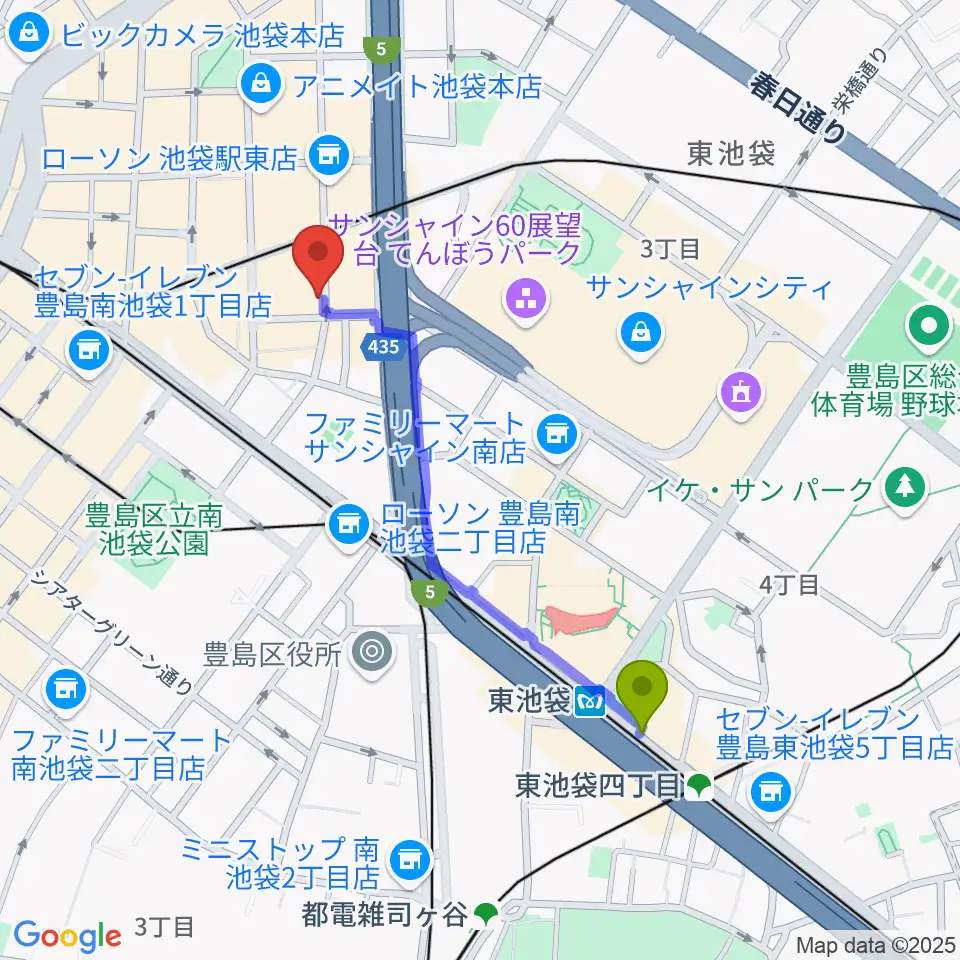 東池袋駅から池袋Admへのルートマップ地図