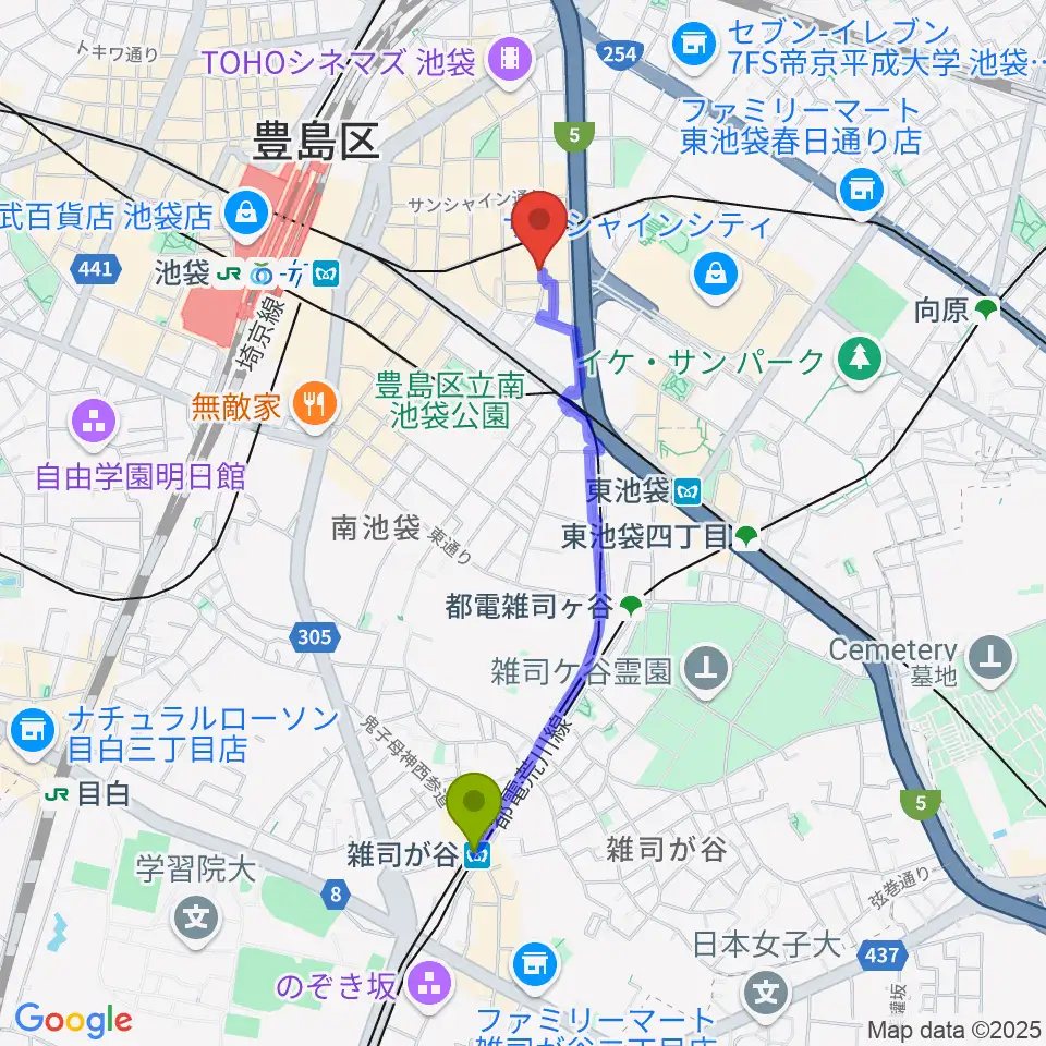 雑司が谷駅から池袋Admへのルートマップ地図