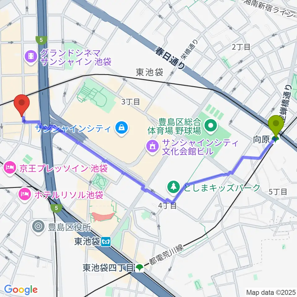 向原駅から池袋Admへのルートマップ地図