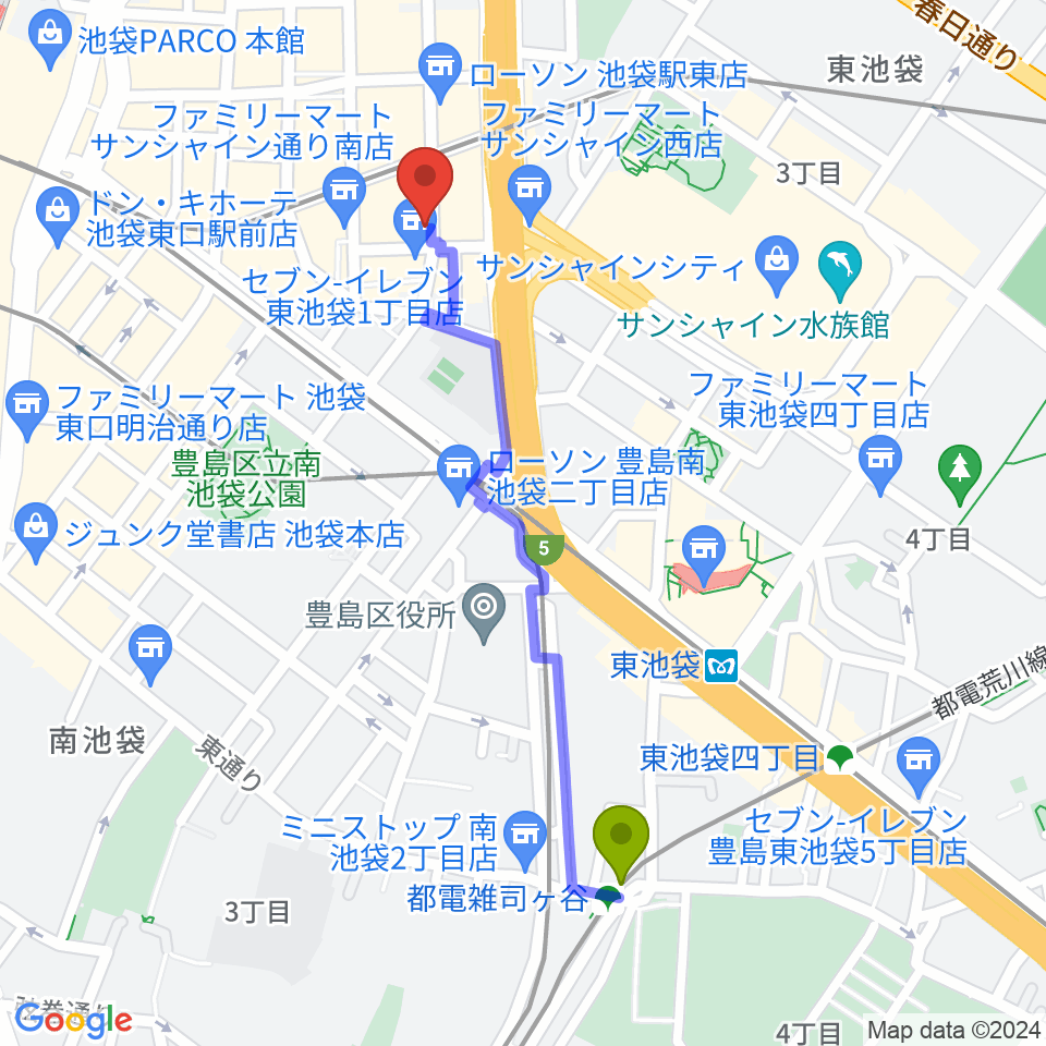 都電雑司ヶ谷駅から池袋Admへのルートマップ地図