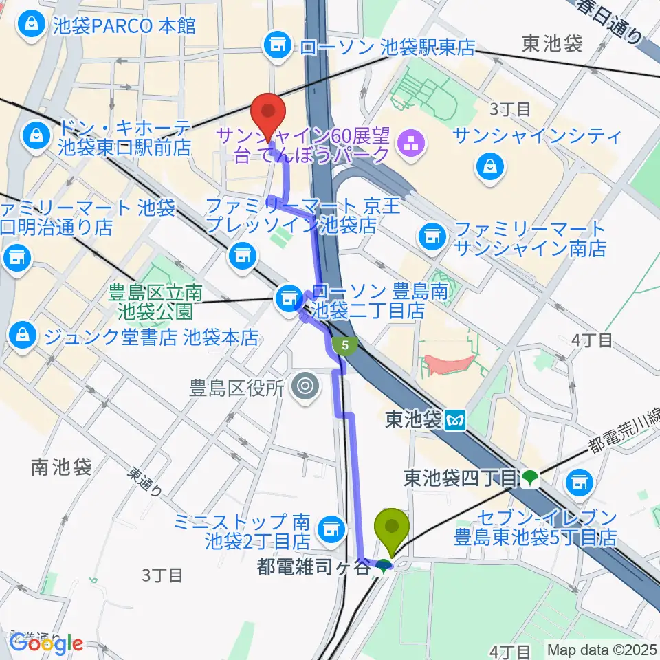 都電雑司ヶ谷駅から池袋Admへのルートマップ地図