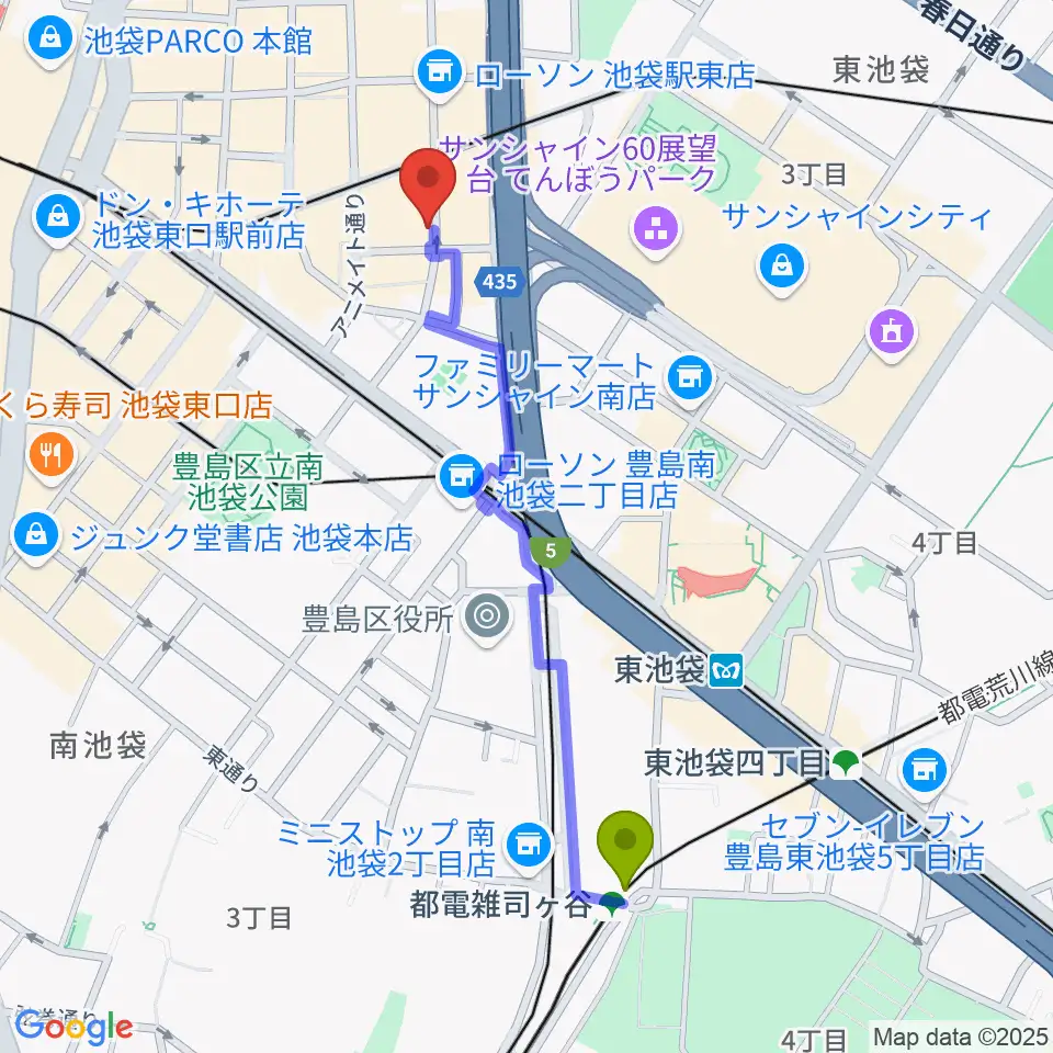 都電雑司ヶ谷駅から池袋Admへのルートマップ地図