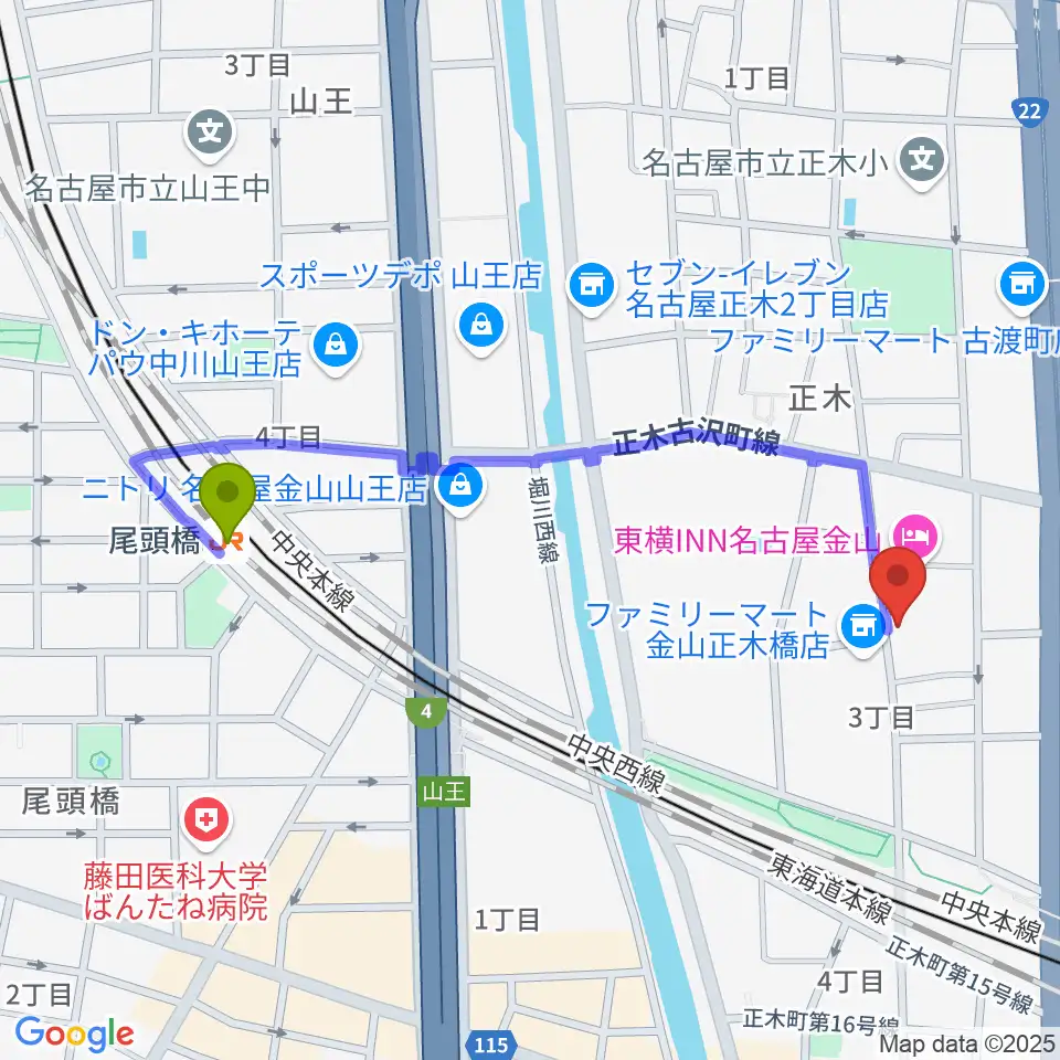 尾頭橋駅からmusic art BeSoulへのルートマップ地図