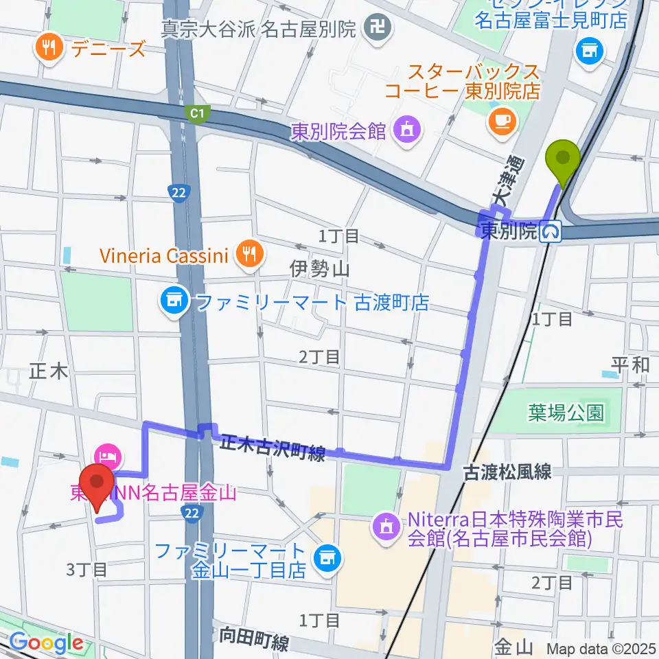 東別院駅からmusic art BeSoulへのルートマップ地図