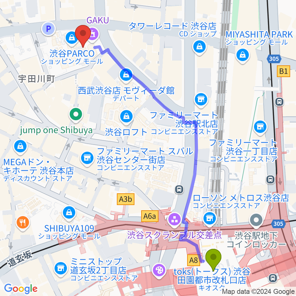 渋谷パルコ劇場の最寄駅渋谷駅からの徒歩ルート 約7分 Mdata