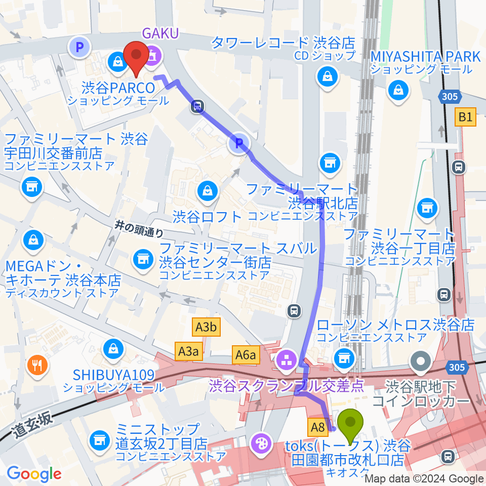 渋谷パルコ劇場の最寄駅渋谷駅からの徒歩ルート（約7分）地図