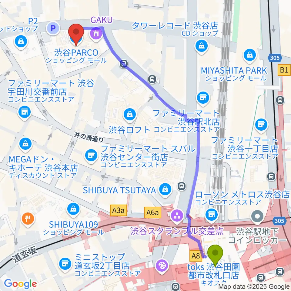 渋谷パルコ劇場の最寄駅渋谷駅からの徒歩ルート（約7分）地図