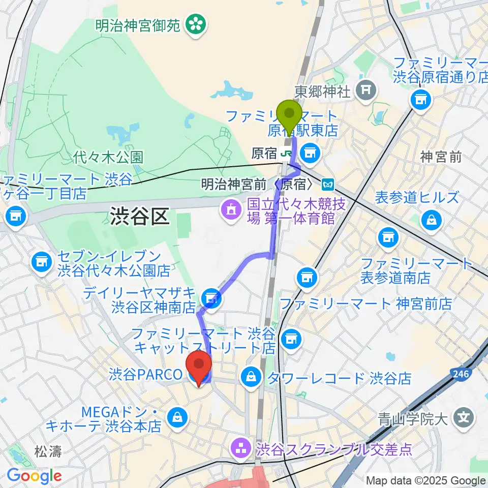 原宿駅から渋谷パルコ劇場へのルートマップ地図