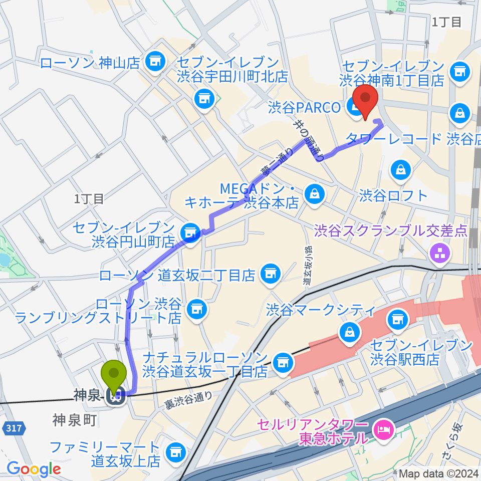 神泉駅から渋谷パルコ劇場へのルートマップ地図