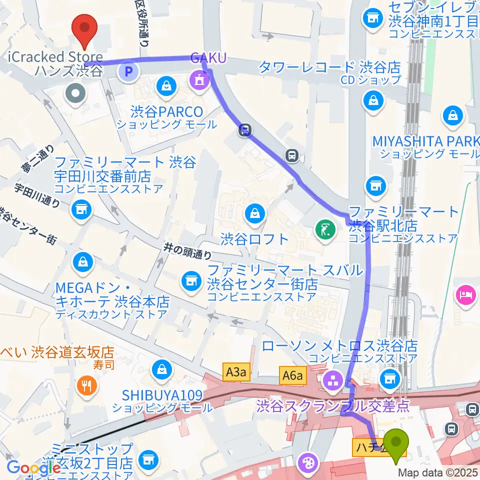 渋谷THE GAMEの最寄駅渋谷駅からの徒歩ルート（約8分）地図