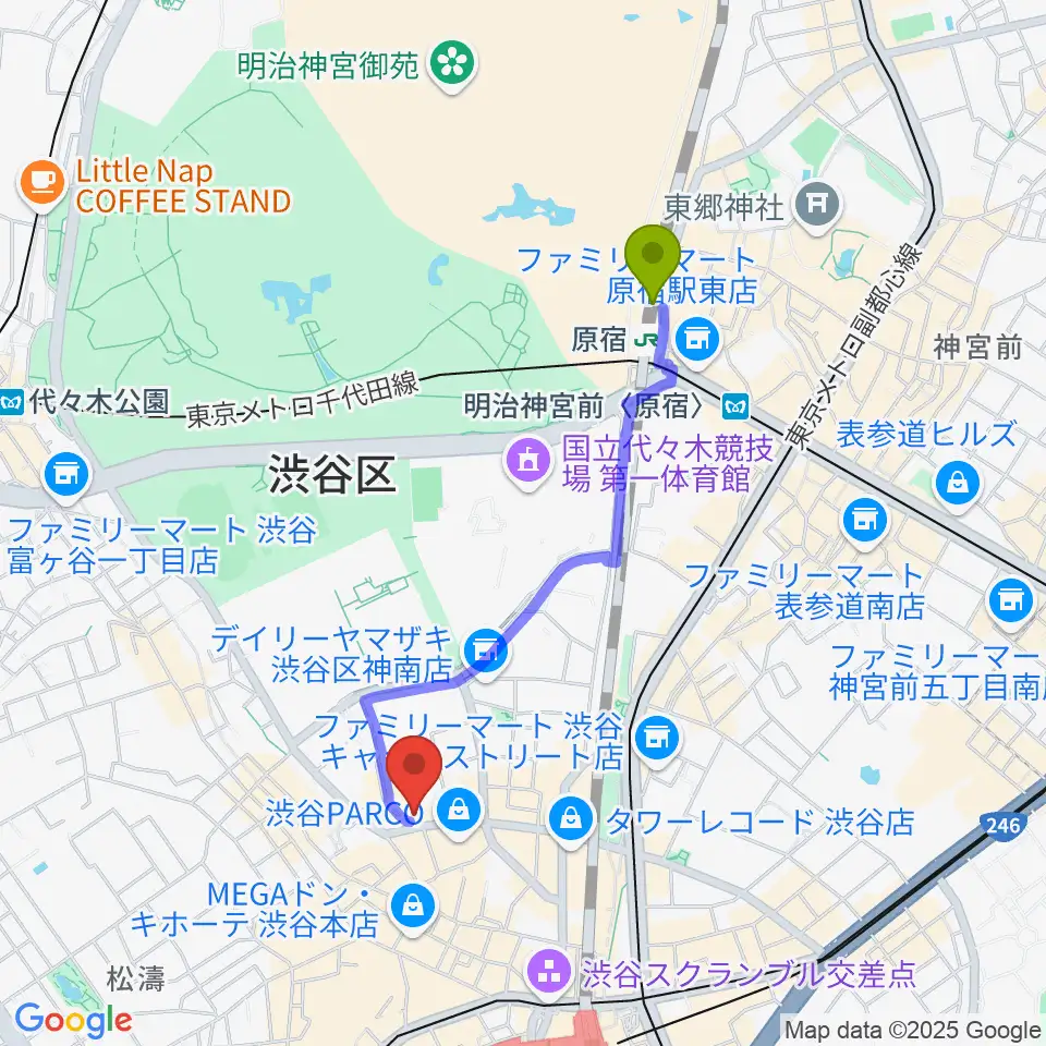 原宿駅から渋谷THE GAMEへのルートマップ地図