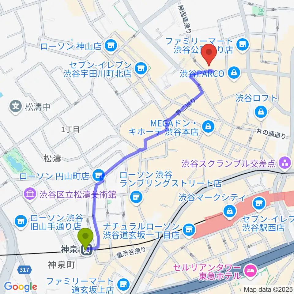 神泉駅から渋谷THE GAMEへのルートマップ地図