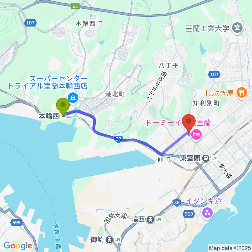本輪西駅からLive cafe Solisteへのルートマップ地図