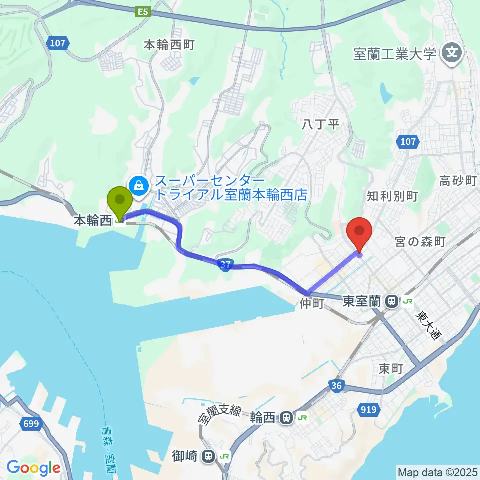 本輪西駅からLive cafe Solisteへのルートマップ地図