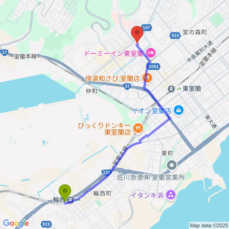 輪西駅からLive cafe Solisteへのルートマップ地図