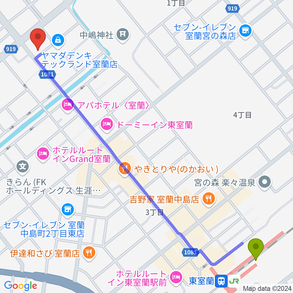 Live cafe Solisteの最寄駅東室蘭駅からの徒歩ルート（約15分）地図