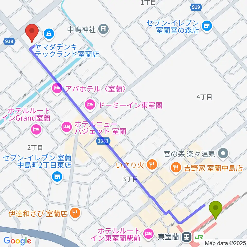 Live cafe Solisteの最寄駅東室蘭駅からの徒歩ルート（約15分）地図