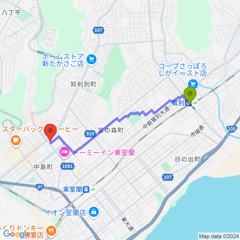 鷲別駅からLive cafe Solisteへのルートマップ地図