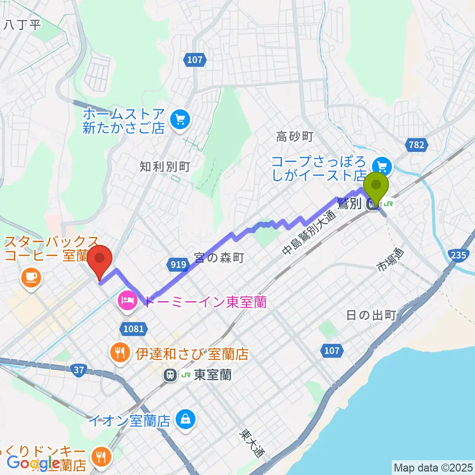 鷲別駅からLive cafe Solisteへのルートマップ地図