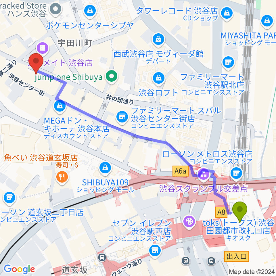 渋谷TAKE OFF 7の最寄駅渋谷駅からの徒歩ルート（約7分）地図