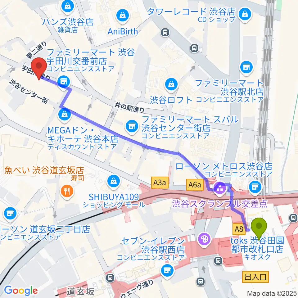 渋谷TAKE OFF 7の最寄駅渋谷駅からの徒歩ルート（約7分）地図