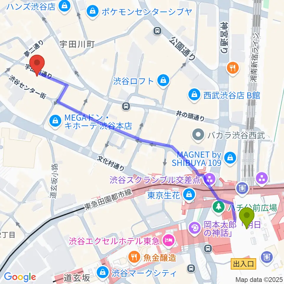 渋谷TAKE OFF 7の最寄駅渋谷駅からの徒歩ルート（約7分）地図