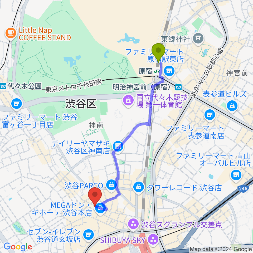 原宿駅から渋谷TAKE OFF 7へのルートマップ地図