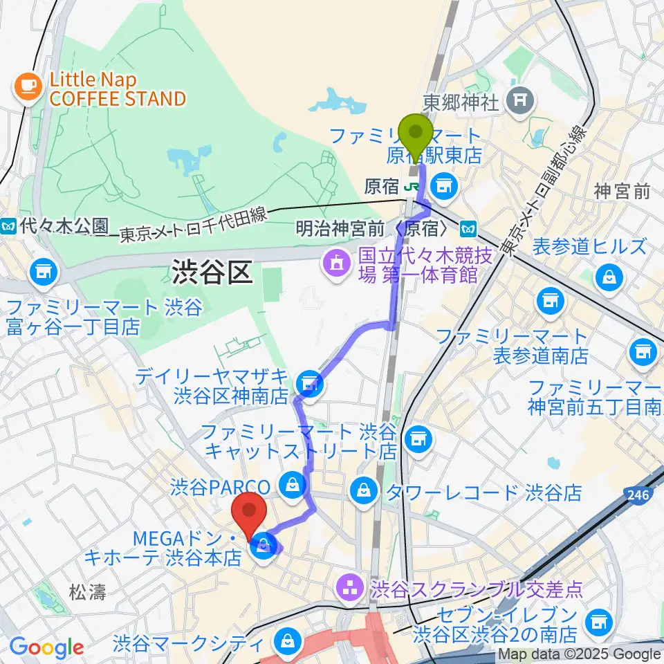 原宿駅から渋谷TAKE OFF 7へのルートマップ地図